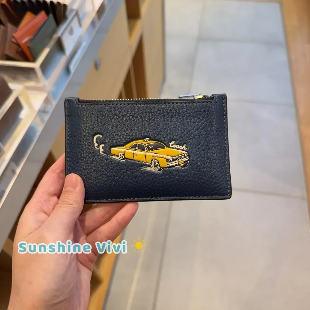 NWT Coach Zip Card CaseWith Car Print Silver/Deep Blue Multi cek64